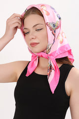 Vintage Silk Bandana Butterfly Print Pink Large Square Satin HeadWrap