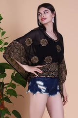 Short Black kaftan With Gold Floral