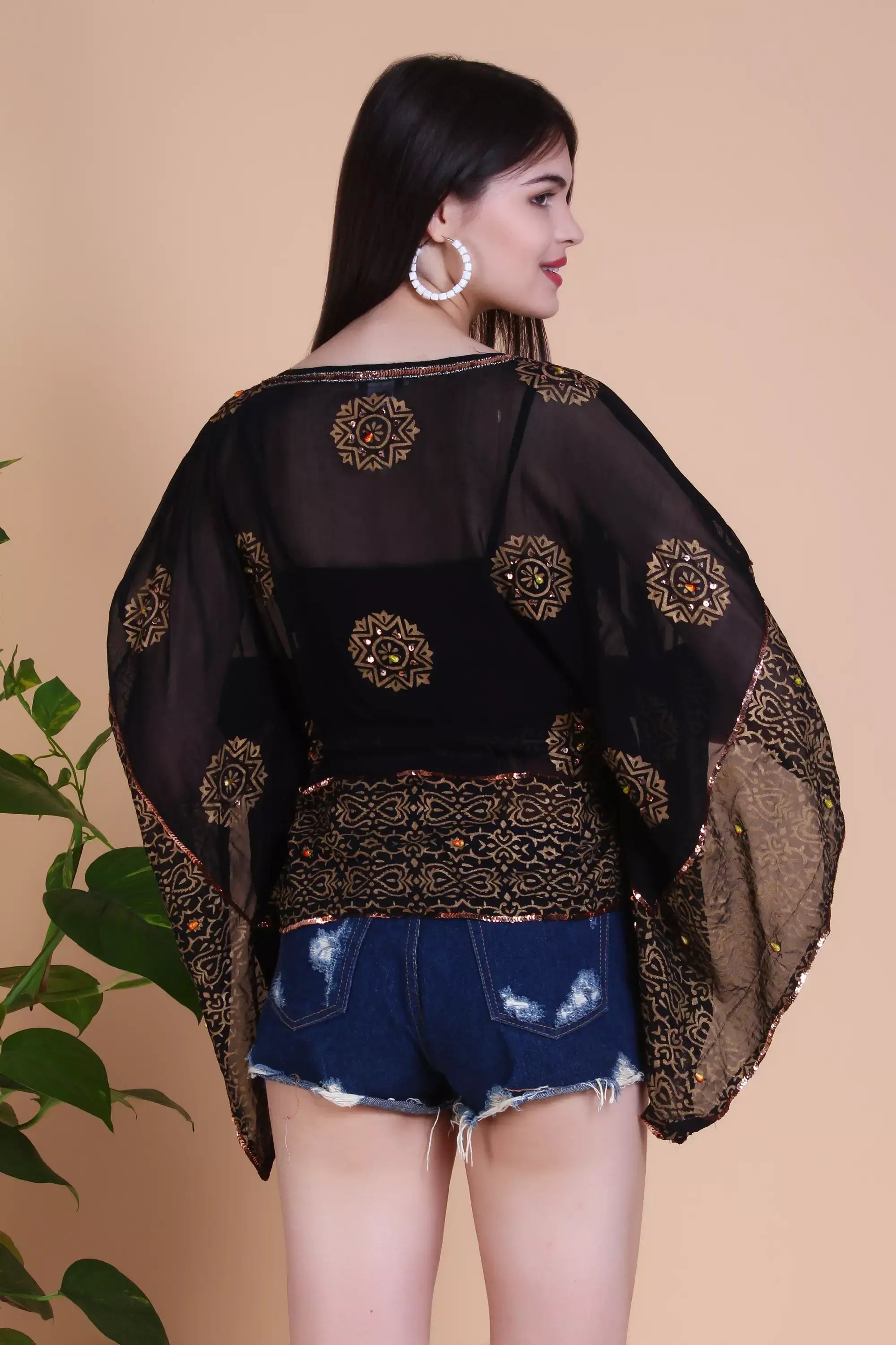 Short Black kaftan With Gold Floral