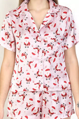 Santa Print Silk Top Pajamas Set