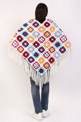 Flower Fringed Poncho Sweater Red & Cream