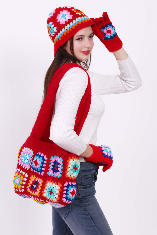 Crochet Granny Bag with Cap & Gloves