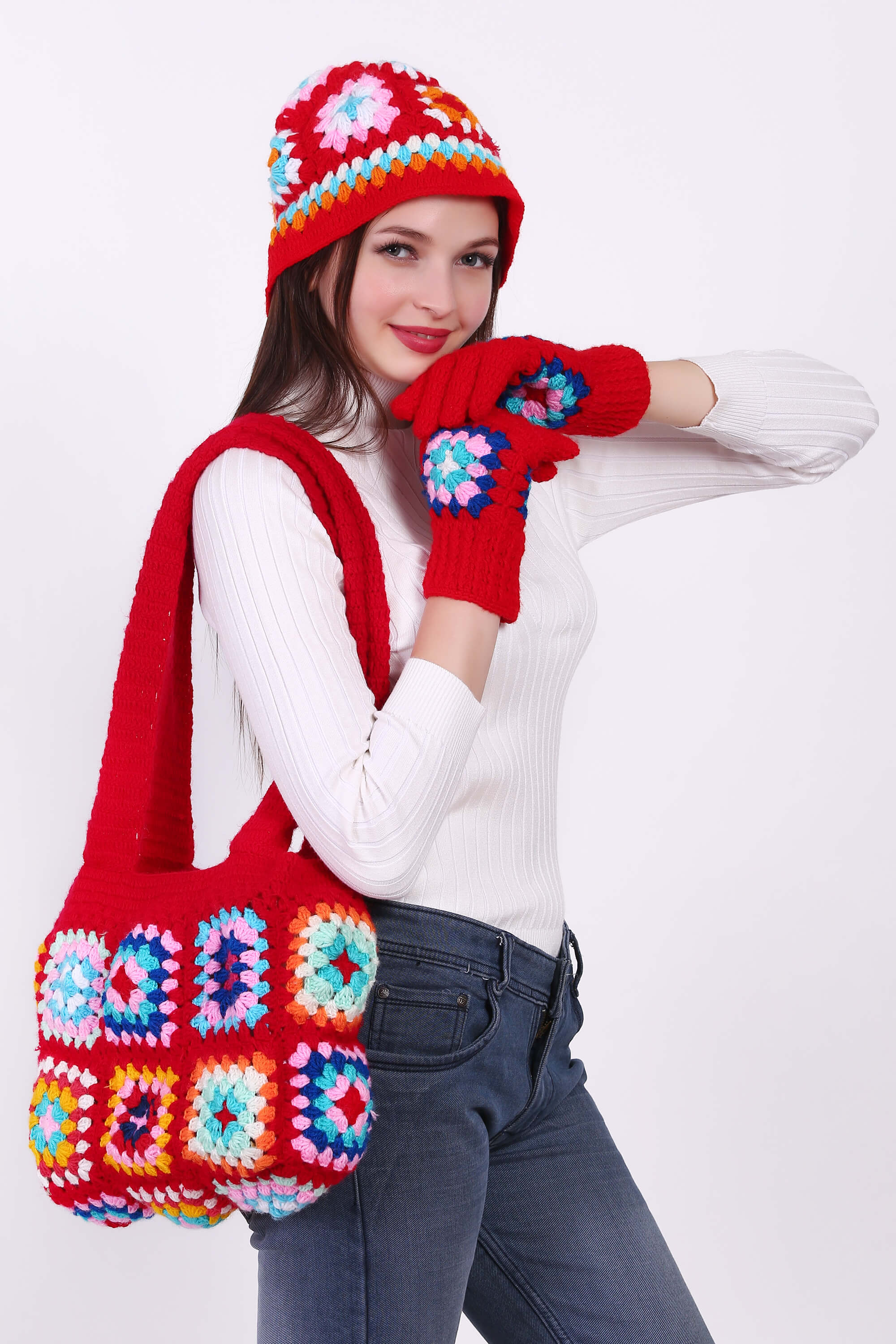 Crochet Granny Bag with Cap & Gloves