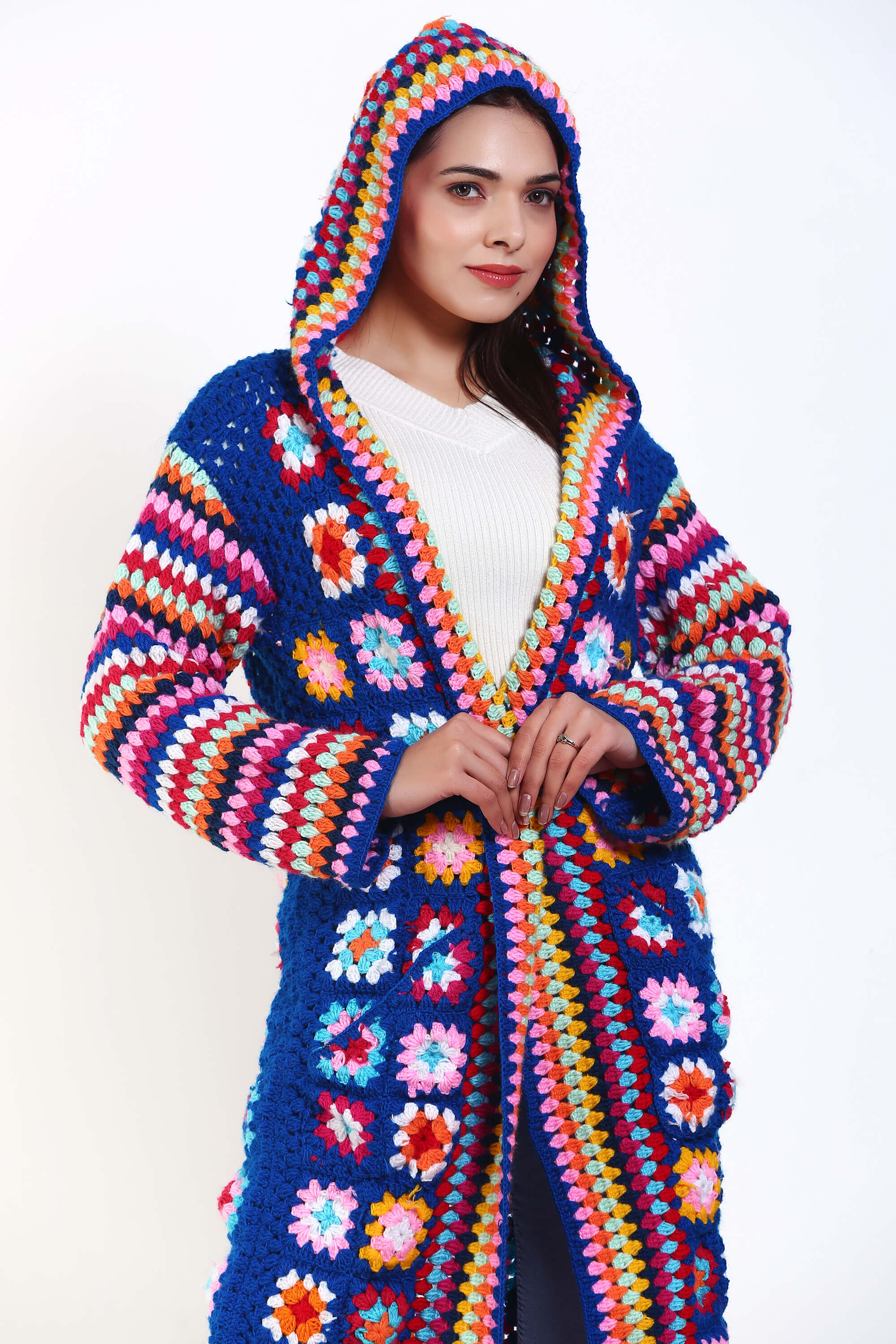 Womens Long Hooded Crochet with Pockets
