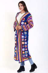 Woman Cap hooded long granny square coat or cardigan with pockets